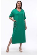 Resim Kadın Büyük Beden Cepleri Taş Basılı V Yaka Midi Yeşil Elbise Yeşil 
