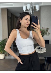 Resim Forlady Gri U Yaka Önü Biyeli Kadın Crop - Gri 