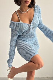 Resim aura fashionn Derin Dekolteli İncili Ajurlu Mini Plaj Elbise 