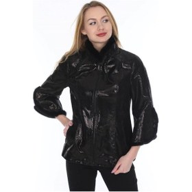 Resim Hakiki Deri Fermuarlı Parlak Kürklü Kadın Ceket Siyah Siyah 