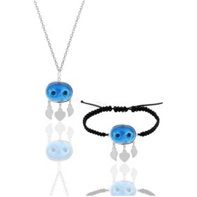 Resim Gümüş Süryani Nazar Boncuğu Kolye Ve Bileklik Seti 