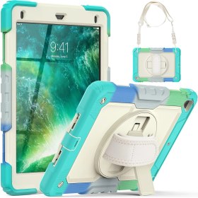 Resim Fuchsia Apple iPad Air 2 9.7 Inç Uyumlu Askılı Ekran Koruyuculu Kalemlikli Gökkuşağı Renkli Strap Tablet Kılıfı 360° Dönebilen Kılıf 