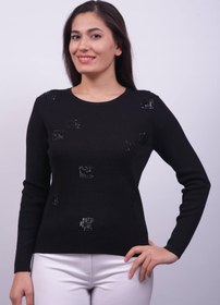 Resim Sude Kadın Ithal Pul Işlemeli Uzun Kol El Işi Siyah Triko Bluz 2583 