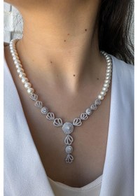 Resim 7,5 Mm Zirkon Taşlı İnci Kolye Bilelik Küpe Yüzük Dörtlü Set 15 / Beyaz Gümüş 