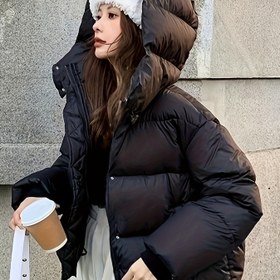 Resim Kadın Rahat Kahverengi Kabarık Mont - Şık Uzun Kollu, İspanyol Paça, Cepli Kalın Kışlık Ceket, Günlük Bol Kesim, Soğuk Hava İçin Mükemmel, Kışlık Mont 