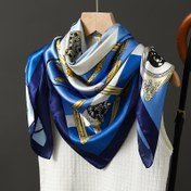 Resim Şık Mavi ve Altın Renkli Geometrik Desenli Eşarp, 89.99x89.99 cm - Pürüzsüz Polyester, Sıcak ve Dekoratif, Elde Yıkanabilir, Kadınlar için İdeal Hafta Sonu Kıyafeti, Şık Boyun Askısı | Geometrik Desenli Eşarp | Pürüzsüz Dokulu, Eşarp 