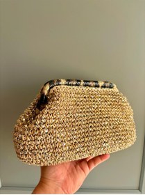 Resim UNİCORNS Simli Burslu Çanta, Leopar Desenli Clutch, Simli Hasır Clutch , Hasır El Çantası 