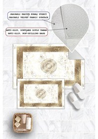 Resim Dijital Baskı Mermer Desen Kaymaz Taban 2li Set Banyo Paspası Klozet Takımı 50x60cm-60x100cm Gold 