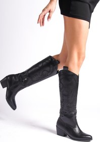 Resim markasende Marka Sende Siyah Deri Siyah Nakışlı Fermuarlı Uzun Western Kadın Kovboy Çizme 