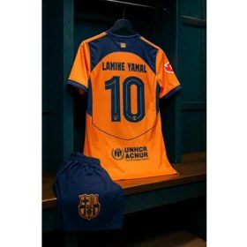 Resim Barcelona Lamine Yamal Yeni Sezon Turuncu Çocuk Forma Takımı 4'lü Set Çorap+Bileklik 