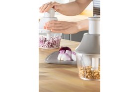 Resim Flosoft Paslanmaz Çelik Bıçak Manuel Doğrayıcı Rondo, 3 Bıçaklı Üstten Basmalı El Robotu 700 ml Bej 