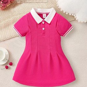 Resim Kız Bebek Yazlık Spor Pembe Elbise - Kısa Kollu Diz Boyu Dar Kesim Şemsiye Etekli, Beyaz Yaka & Makinede Yıkanabilir Golf ve Günlük Giyim için, Tek Renk Tasarım 