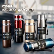 Resim 800ml/27oz Paslanmaz Çelik Yalıtımlı Su Şişesi Taşıma Kayışı ile - İçecekleri 10 Saat Sıcak veya 24 Saat Soğuk Tutuyor, BPA İçermez, Kamp, Yürüyüş, Sürüş ve Seyahat için Taşınabilir 