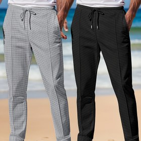 Resim 2 adet Erkek Yazlık Rahat Waffle Spor Pantolon - Hafif Nefes Alabilir, Bağcıklı Bel Tasarımı, Fitness Koşu, Yürüyüş, Açık Hava ve Günlük Giyim İçin Uygun 