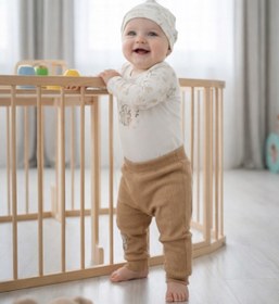 Resim Minelia Kids Erkek Bebek %100 Pamuk 3’lü Takım Body Pantolon Şapka - Ekru Açık Kahverengi 3-9 Ay 