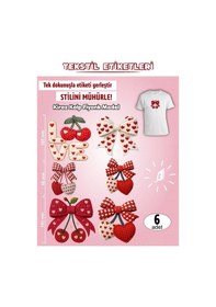 Resim Ütü İle Yapışan Kıyafet Etiketi Kiraz Kalp Fiyonk Temalı 6lı Set Karışık 