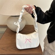 Resim Kadınlar İçin Ayarlanabilir Çapraz Omuz Çantası - Baskılı Fiyonklu, Günlük Kullanım için Parlak Pembe/Beyaz/Siyah Kore Tarzı Nylon Çanta ve Uyumlu Makyaj Kesesi, Yumuşak Dokulu Aksesuar 