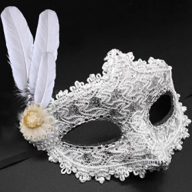 Resim Beyaz Renk Tüylü Dantelli Taşlı Balo Maskesi 
