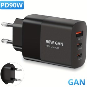 Resim 90W GaN Hızlı Şarj Cihazı, 3 Portlu USB-C Duvar Şarj Cihazı, PD/QC/PPS Uyumlu, Kompakt Seyahat Şarj Cihazı, Laptop, MacBook, iPad, iPhone 16/15/14/13/12, Samsung, Xiaomi ve Daha Fazlası İçin Evrensel Şarj Bloğu 