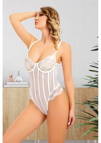 Resim Sistina Bayan Beyaz Dantelli Çizgili Bodysuit Çıtçıtlı Body 877 