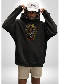 Resim Kurukafa İskelet Kızılderili Tüy Kartal Şefi Kadın Erkek Siyah Kapüşonlu Sweatshirt Hoodie Siyah 