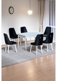 Resim Sonata Beyaz 80 X 132 Açılabilen Sunta Masa Metal Ayaklı Mutfak Masası Takımı Siyah Sandalye Siyah 