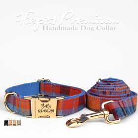 Resim Dog Collar Named Blue Plaid Velvet Collar 238246 - 4pcs set / XL 