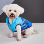 Resim Küçük, Orta ve Büyük Köpekler için Houndstooth Desenli Rahat Kışlık Ceket - Sıcak Dolgulu Evcil Hayvan Montu, Mavi Düğmeli Tasarım, Sadece Elde Yıkama 