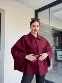 Resim Yakalı kemerli panço bordo - STD 