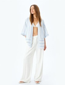 Resim Koton Viskon Karışımlı Cepli 3/4 Geniş Kol Çizgili Kimono Mavi Çizgili 5sak50067uw Mavi 