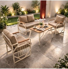 Resim Violet Krem 2+1+1 Masalı Bahçe Oturma Grubu Minderli Metal Ahşap Detaylı Balkon Teras Takımı Cappuccino 