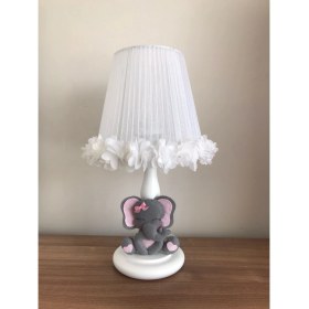 Resim Bebek Çocuk Odası Abajur Gri Fil Açık Pembe Beyaz Çiçekli 