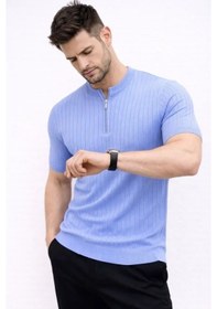 Resim Vexor Erkek Kısa Kol Fitilli Triko T-shirt Yazlık Hakim Yaka Tişört - Bebek Mavisi 