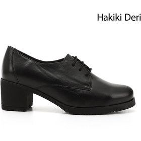 Resim GÖNDERİ(R) Kadın Siyah Bağcıklı Orta Kalın Topuklu Hakiki Deri Oxford Ayakkabı 
