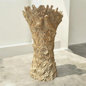 Resim Dekoratif Polyester Kuşlu Dik Vazo Krem Eskitme 25 Cm 