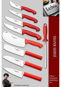 Resim Lazbisa MFP-408 Silver Pro Serisi Mutfak Bıçak Seti 9 Parça Et Ekmek Sebze Salata Börek Bıçağı Masatı Kırmızı 