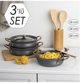 Resim Oms 3724 Bakraç Güveç 3'Lü Sahan Seti Antrasit 16 - 18 - 20 Cm 