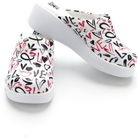 Resim Drmoon Love Desenli Dolgu Taban Hakiki Deri Kadın Sabo Terlik Beyaz 