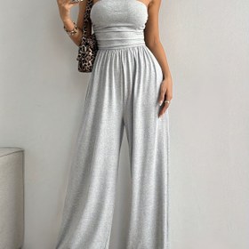 Resim Kadınlar için Rahat Bol Geniş Bacaklı Tulum, Ruched Detaylı - Düz Renk, Bandeau Stili, Yaz için Mükemmel, Yetişkin Bedeni, Rahat Kıyafet|Ruched Tulum|Şık Rahat Kıyafet 
