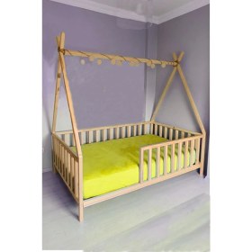 Resim CND Home Çatılı Unisex Montessori Bebek ve Çocuk Karyolası Doğal Ahşap Yatak 