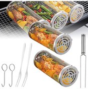 Resim Youtek Taşınabilir Paslanmaz Çelik Bbq Seti: Döner Izgara Kafesi, Çatal, Kanca Ve Izgara Saati İçeren Orta Boy Paket 