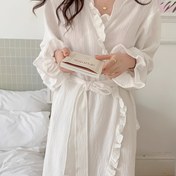 Resim Kadınlar İçin Seksi V Yaka Yukata Bornoz - %100 Polyester Düz Renkli Uzun Kollu Rüs detaylı Gecelik, Dört Mevsim Düz Etek Silüeti, Dokuma 160g/m², Ev Giyim İçin Kemerli 