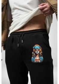 Resim Angemiel Hippie Cesur Stil Dövmeli Kız Pamuklu 3 İplik Siyah Eşofman Altı Erkek Oversize Kesim Dijital Baskılı Siyah 