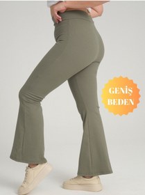 Resim Banega Curve Büyük Beden Fitilli İspanyol Paça Yüksek Bel Toparlayıcı Haki Tayt Haki 