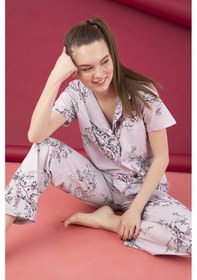 Resim Kadın Düğmeli Desenli Pijama Takımı Gri 1974 Waynap Gri 