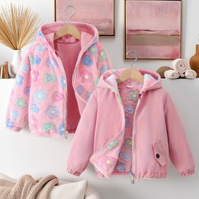 Resim Kız Çocuk Çiçek Desenli, Polar Astarlı, Kapüşonlu, Fermuarlı Ceket - Sıcak, Uzun Kollu, Günlük Kışlık Mont, Yumuşak Pembe ve Tasarım, Ön Cepli, Normal Kesim 
