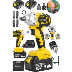 Resim Steiner Alman 88 V 5 Ah Çift Akülü Somun Bijon Sökme Takma Sıkma Matkap Kömürsüz Akülü Vidalama + Madren 