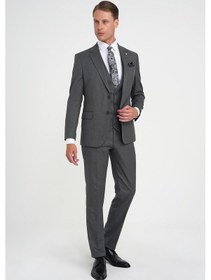 Resim Efor Slim Fit Çift Yırtmaç Balıksırtı Desenli Yelekli Füme Takım Elbise Tk 923 Füme 