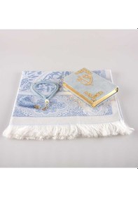 Resim Seccade + Tesbih + Kuran Hediye Seti (Çanta Boy, Kadife, Açık Mav 