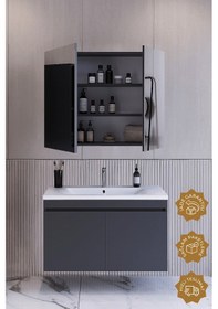Resim Teta Home Tokyo 80 Cm Mdf Banyo Dolabı Seti Antrasit Antrasit 